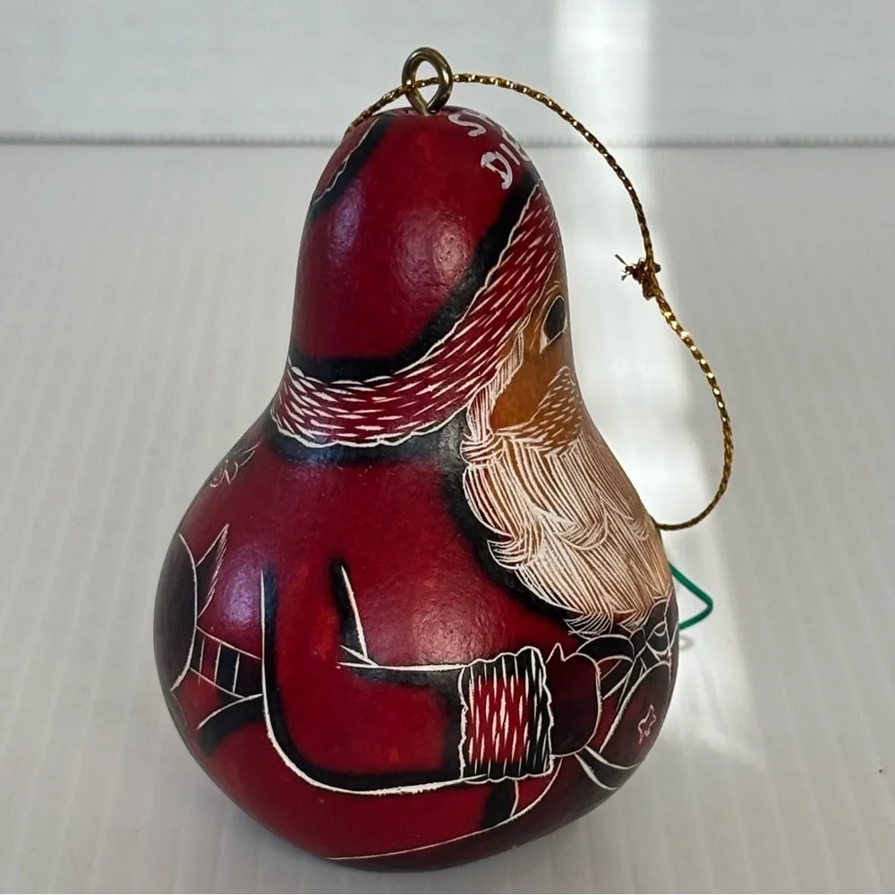 Santa Clause Folk Art Gourd Christmas Ornament  Hand Carved Painted Peruvian